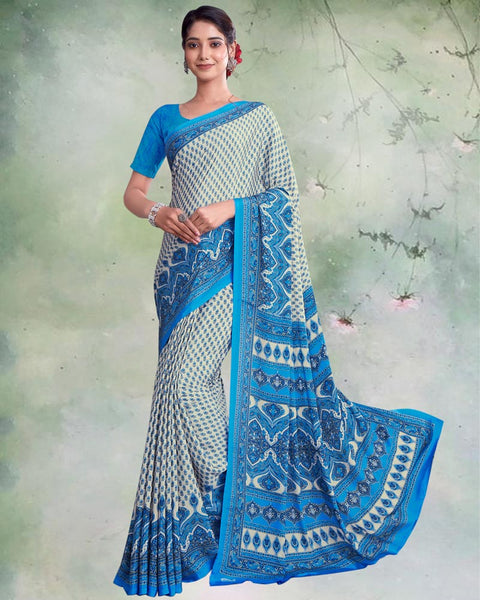 Pastel Green And Electric Blue Digital Print Premium Crepe Saree
