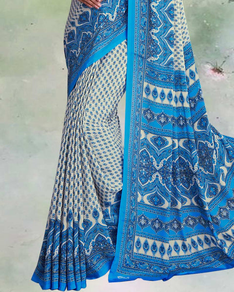 Pastel Green And Electric Blue Digital Print Premium Crepe Saree