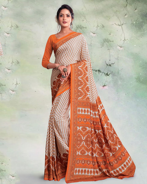 Light Grey And Papaya Orange Digital Print Premium Crepe Saree