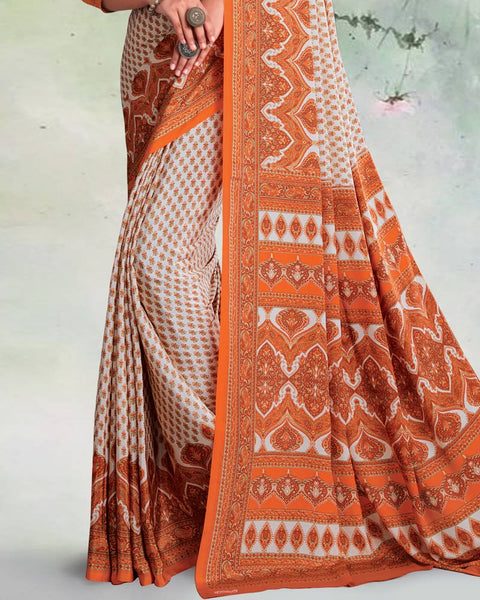 Light Grey And Papaya Orange Digital Print Premium Crepe Saree