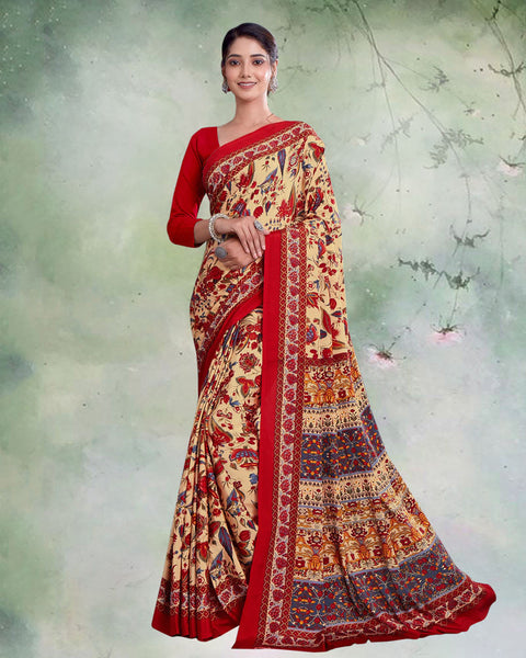 Beige And Venetian Red Digital Print Premium Crepe Saree