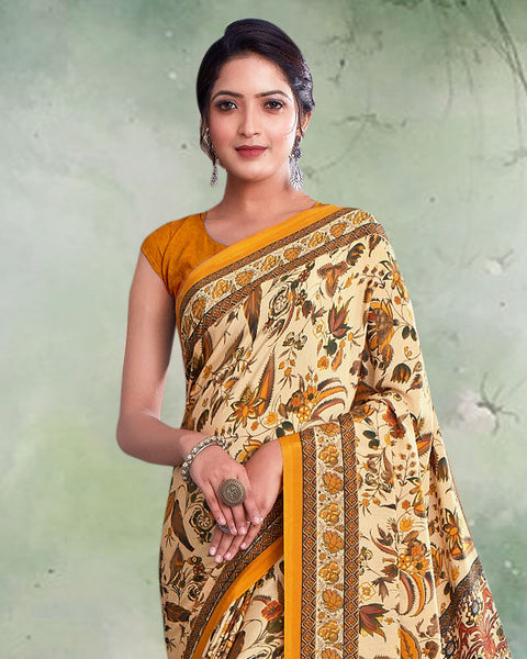 Pastel Yellow And Orange Digital Print Premium Crepe Saree