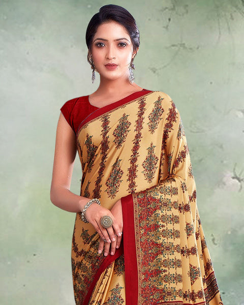 Sand Beige And Dark Red Digital Print Premium Crepe Saree