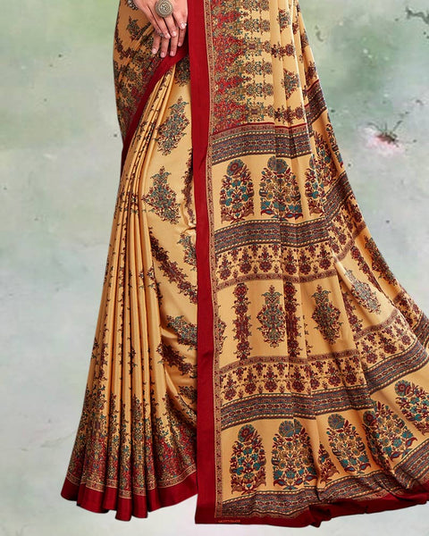 Sand Beige And Dark Red Digital Print Premium Crepe Saree