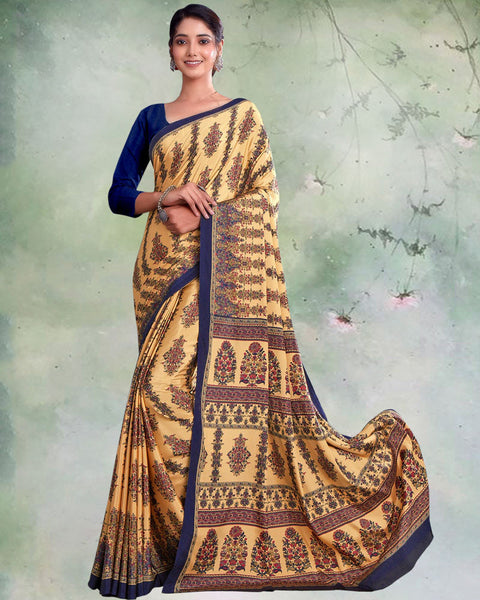 Sand Beige And Royal Blue Digital Print Premium Crepe Saree