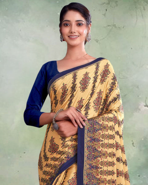 Sand Beige And Royal Blue Digital Print Premium Crepe Saree