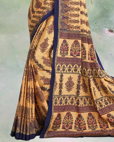 Sand Beige And Royal Blue Digital Print Premium Crepe Saree