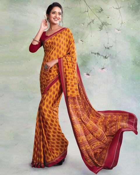 Pale Orange And Burgundy Digital Print Premium Crepe Saree