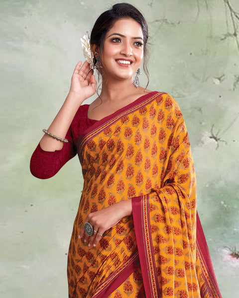 Pale Orange And Burgundy Digital Print Premium Crepe Saree