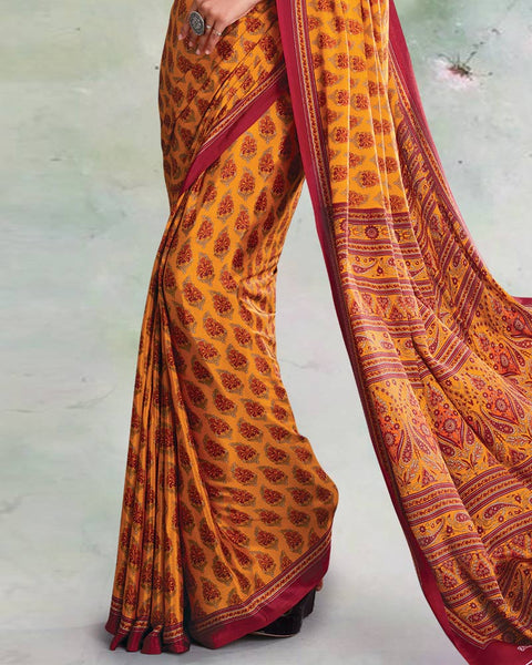 Pale Orange And Burgundy Digital Print Premium Crepe Saree