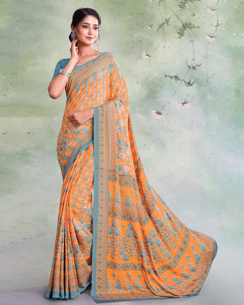 Pastel Orange And Greenish Grey Digital Print Premium Crepe Saree