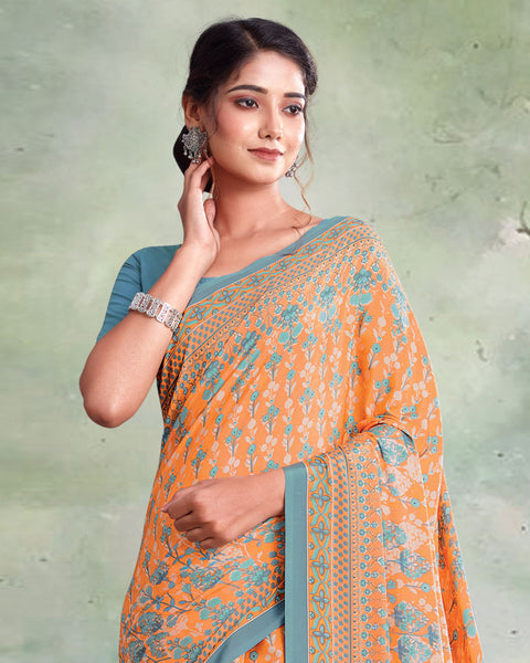 Pastel Orange And Greenish Grey Digital Print Premium Crepe Saree