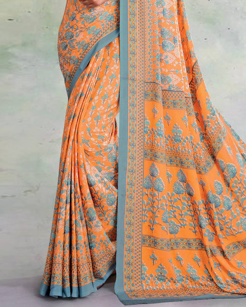 Pastel Orange And Greenish Grey Digital Print Premium Crepe Saree