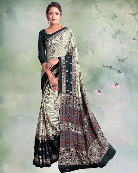 Creamy Beige And Dark Grey Digital Print Premium Crepe Saree