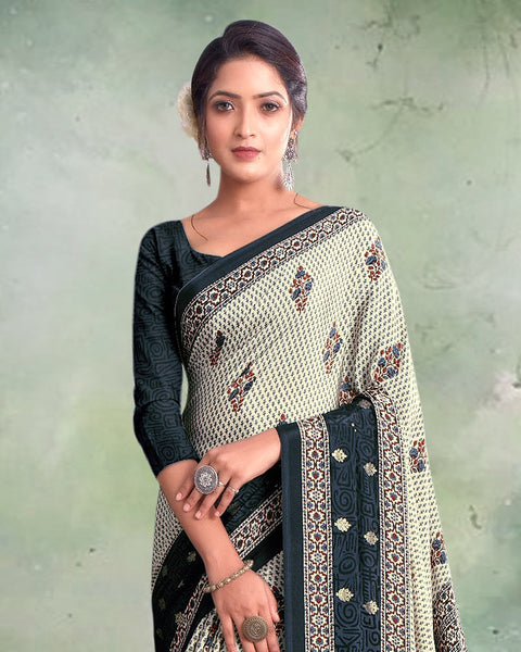 Creamy Beige And Dark Grey Digital Print Premium Crepe Saree