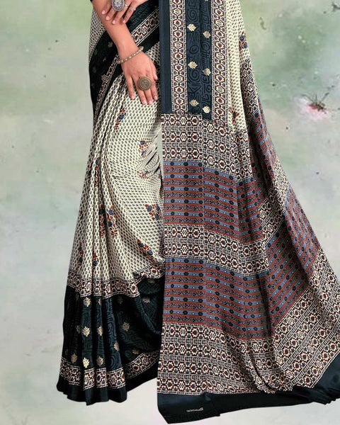 Creamy Beige And Dark Grey Digital Print Premium Crepe Saree