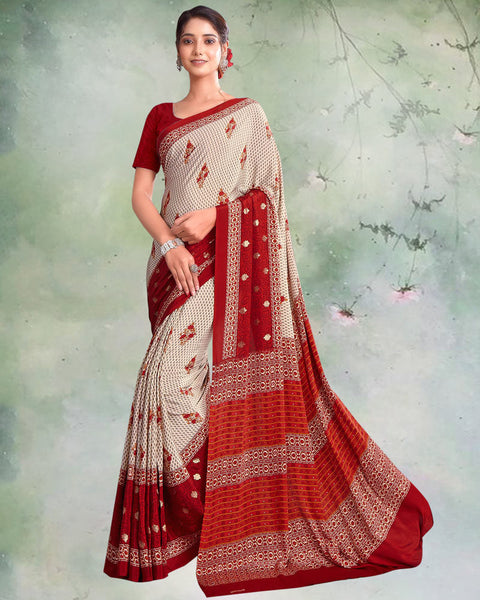 Creamy Beige And Paprika Red Digital Print Premium Crepe Saree