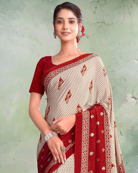 Creamy Beige And Paprika Red Digital Print Premium Crepe Saree