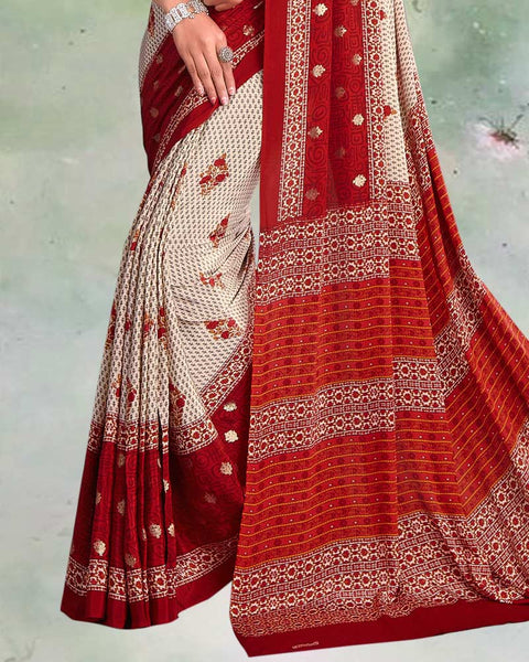 Creamy Beige And Paprika Red Digital Print Premium Crepe Saree