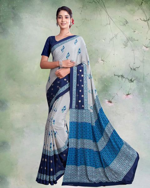 Goose Grey And Nile Blue Digital Print Premium Crepe Saree