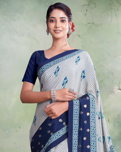 Goose Grey And Nile Blue Digital Print Premium Crepe Saree