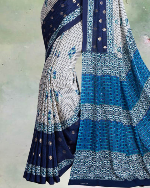 Goose Grey And Nile Blue Digital Print Premium Crepe Saree