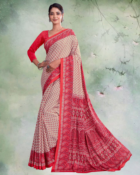 Pastel Green And Red Digital Print Premium Crepe Saree