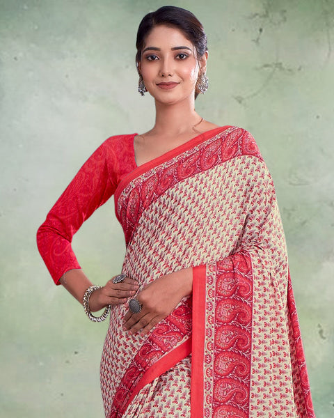 Pastel Green And Red Digital Print Premium Crepe Saree