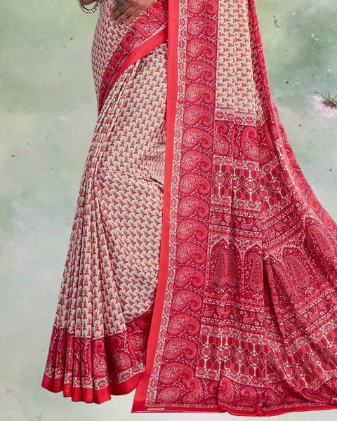 Pastel Green And Red Digital Print Premium Crepe Saree