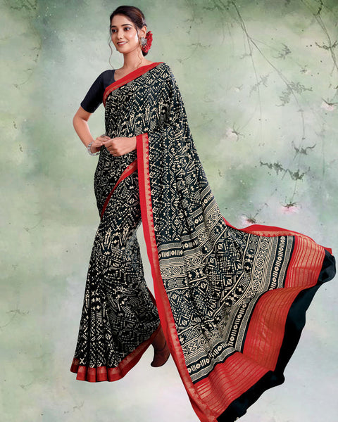 Black And Persian Red Digital Print Premium Crepe Saree