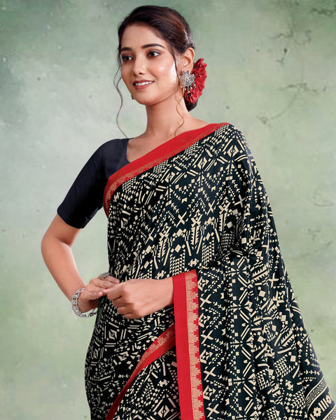 Black And Persian Red Digital Print Premium Crepe Saree