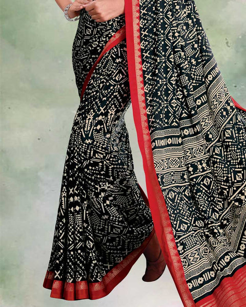 Black And Persian Red Digital Print Premium Crepe Saree
