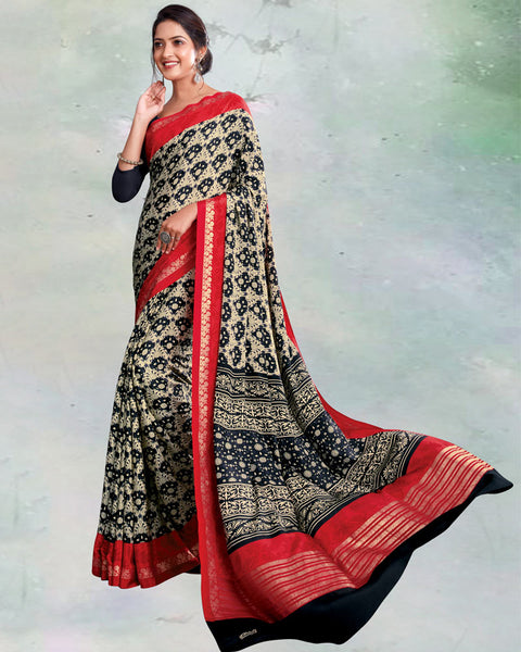 Black And Pastel Yellow Digital Print Premium Crepe Saree
