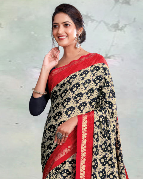 Black And Pastel Yellow Digital Print Premium Crepe Saree