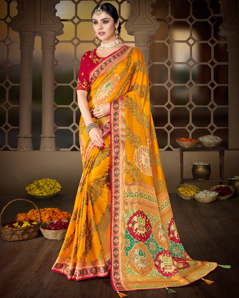 Golden Yellow Brasso Saree With Weaved Satin Patta And Tassel