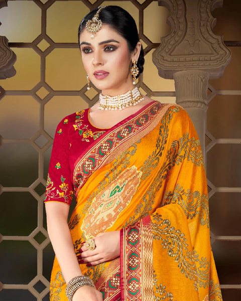 Golden Yellow Brasso Saree With Weaved Satin Patta And Tassel