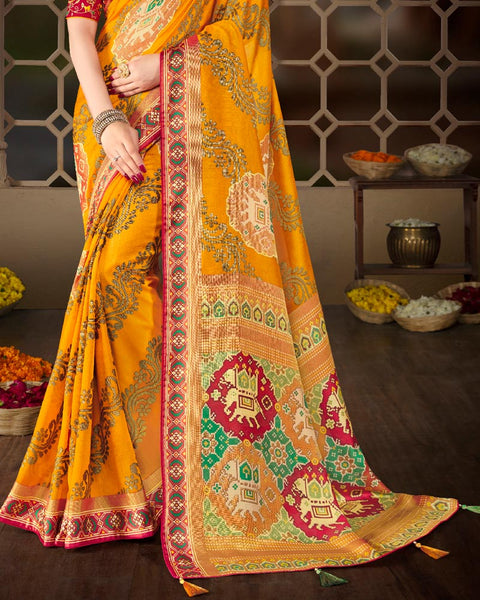 Golden Yellow Brasso Saree With Weaved Satin Patta And Tassel