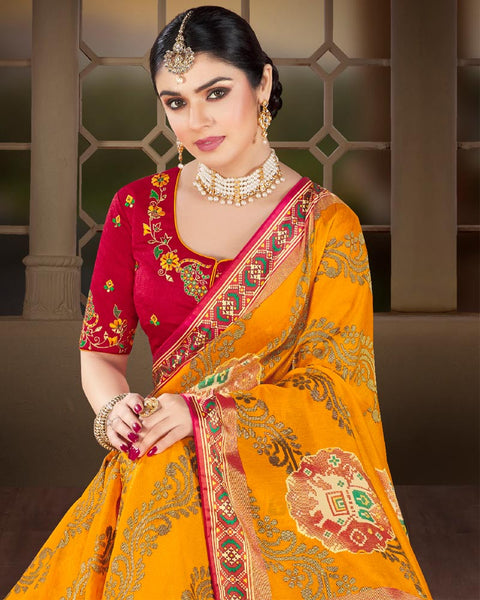 Golden Yellow Brasso Saree With Weaved Satin Patta And Tassel