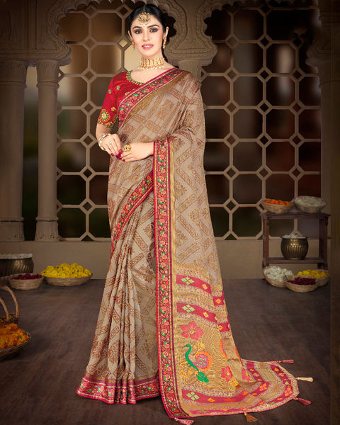 Pastel Brown Brasso Saree With Weaved Satin Patta And Tassel