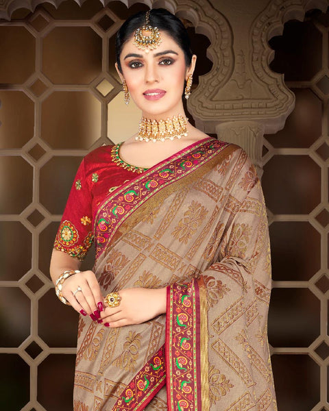 Pastel Brown Brasso Saree With Weaved Satin Patta And Tassel