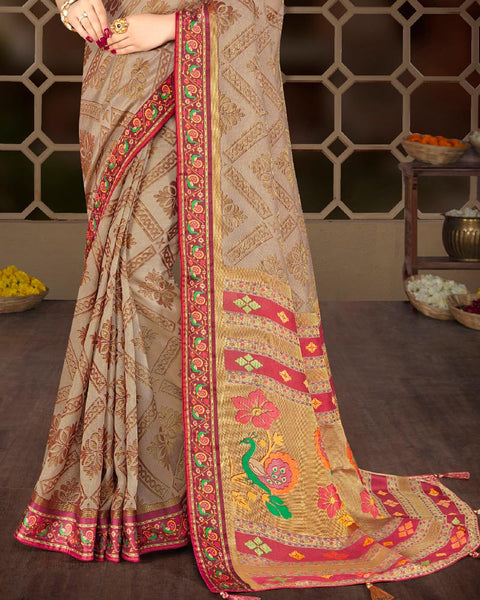 Pastel Brown Brasso Saree With Weaved Satin Patta And Tassel