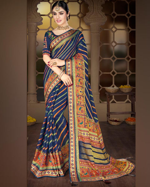 Navy Blue Brasso Saree With Weaved Satin Patta And Tassel