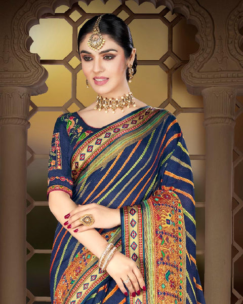 Navy Blue Brasso Saree With Weaved Satin Patta And Tassel