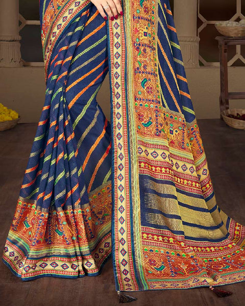 Navy Blue Brasso Saree With Weaved Satin Patta And Tassel