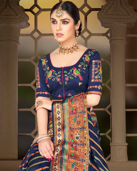 Navy Blue Brasso Saree With Weaved Satin Patta And Tassel