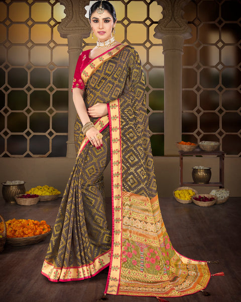 Dark Grey Brasso Saree With Weaved Satin Patta And Tassel