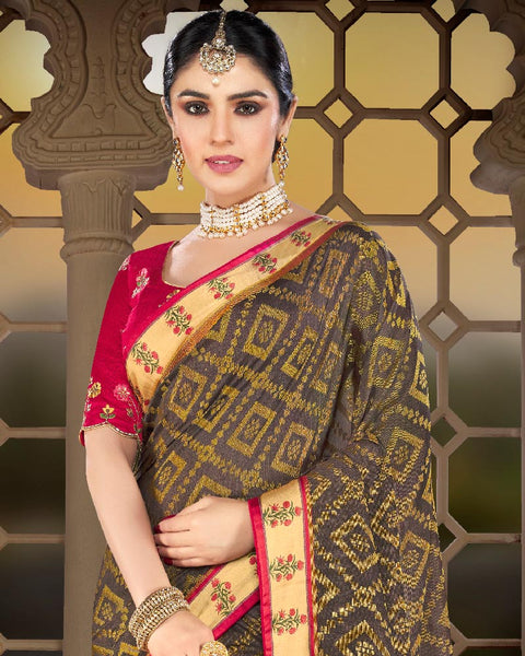Dark Grey Brasso Saree With Weaved Satin Patta And Tassel