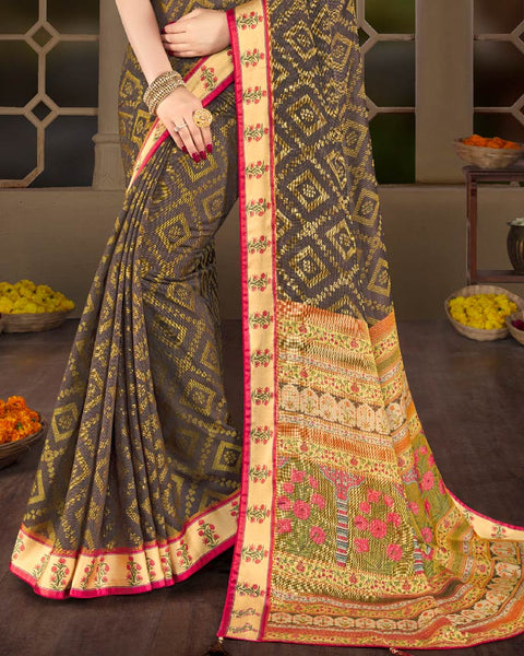 Dark Grey Brasso Saree With Weaved Satin Patta And Tassel