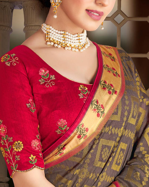 Dark Grey Brasso Saree With Weaved Satin Patta And Tassel