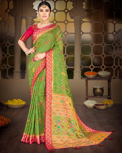 Parrot Green Brasso Saree With Weaved Satin Patta And Tassel